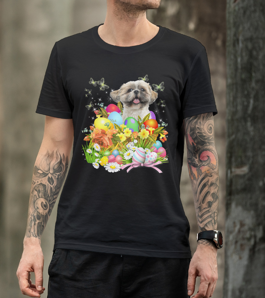 Shih Tzu Bunny Dog With Easter Eggs And Floral Basket T-Shirt