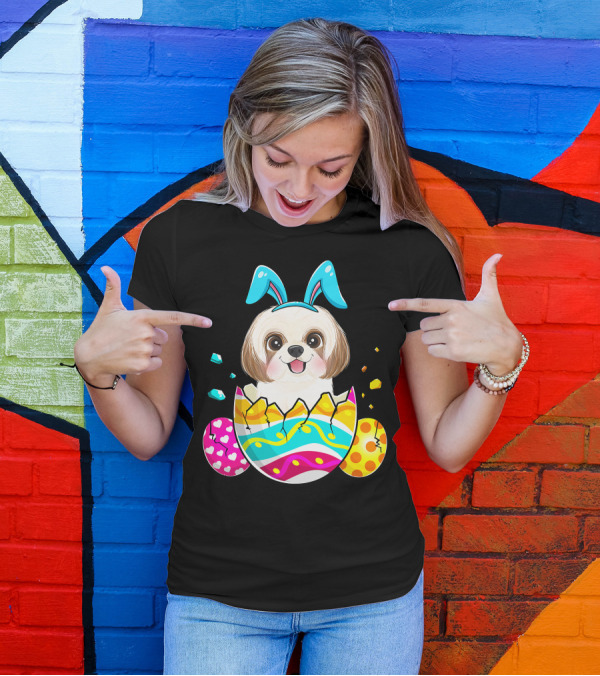 Shih Tzu Bunny Ears Easter Day Cute Dog Dad With Colorful Eggs T-Shirt