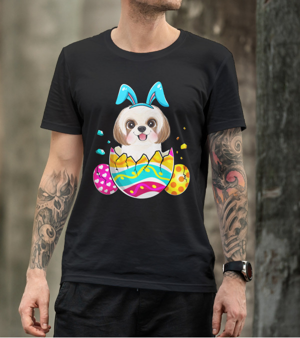 Shih Tzu Bunny Ears Easter Day Cute Dog Dad With Colorful Eggs T-Shirt