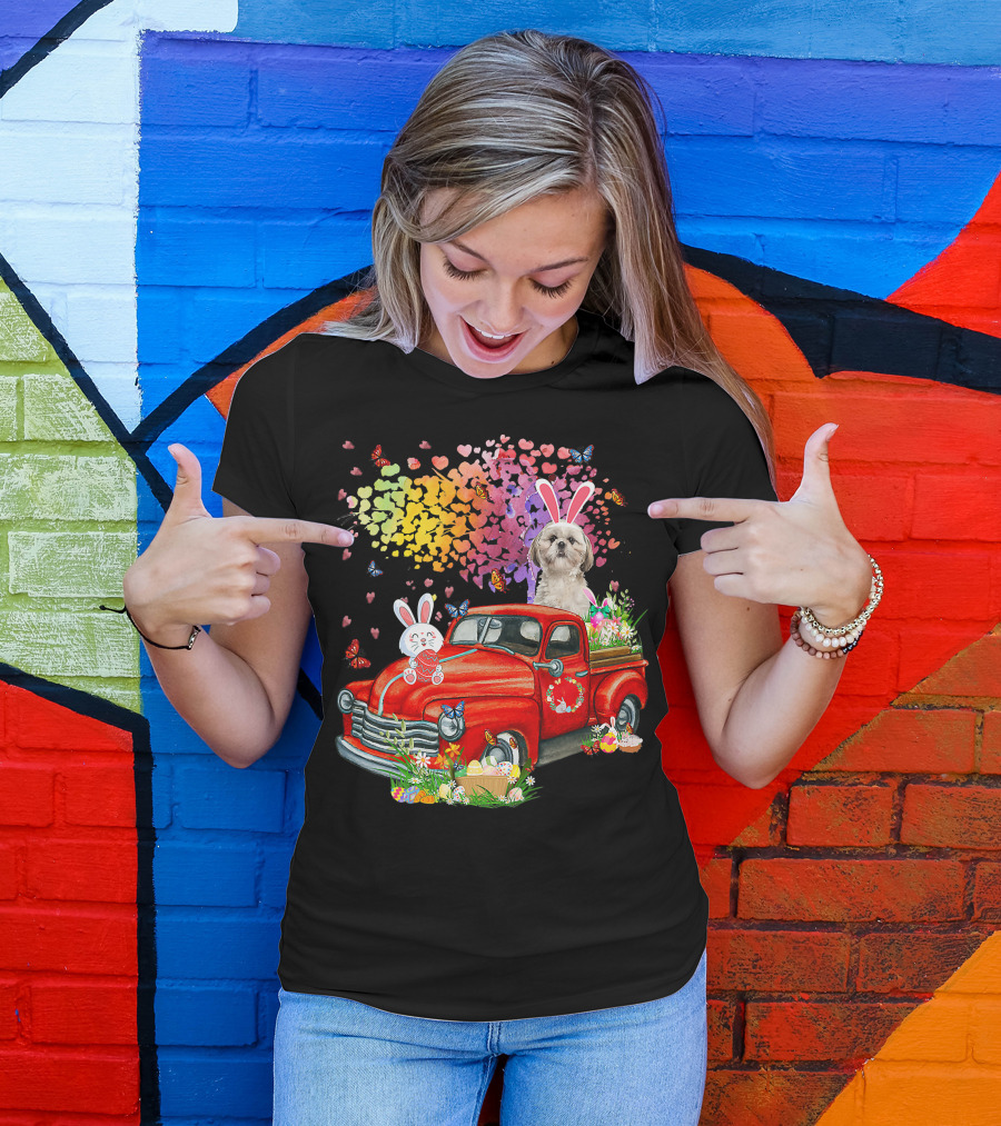 Shih Tzu Bunny On Red Truck With Easter Eggs And Rainbow Hearts T-Shirt