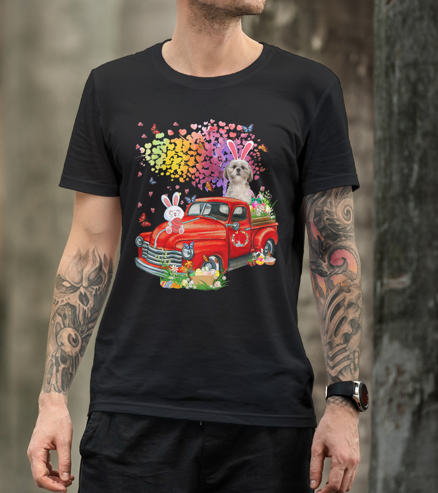 Shih Tzu Bunny On Red Truck With Easter Eggs And Rainbow Hearts T-Shirt
