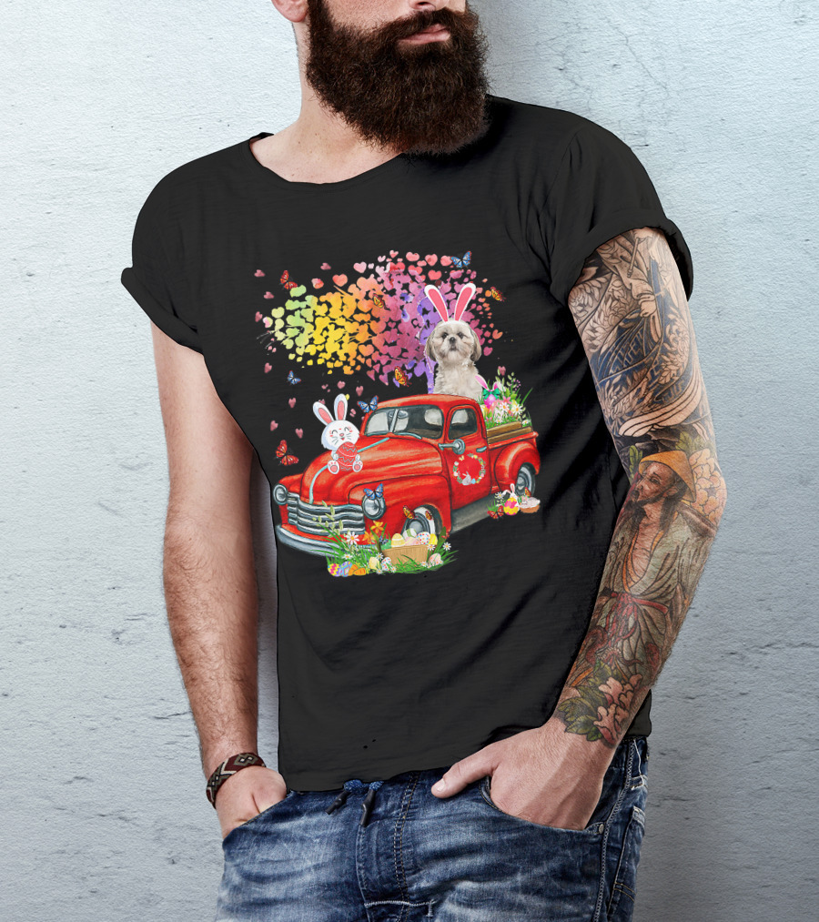 Shih Tzu Bunny On Red Truck With Easter Eggs And Rainbow Hearts T-Shirt