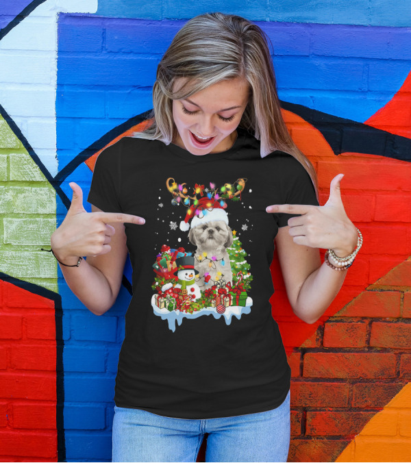 Shih Tzu Christmas Santa Hat Reindeer Antlers Lights Snowman Gifts Tree T-Shirt