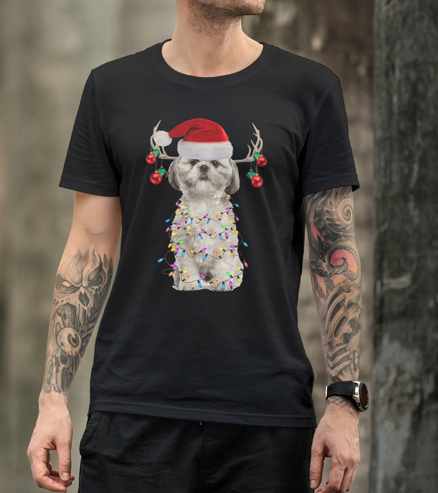 Shih Tzu Christmas Tree Santa Hat With Lights And Antlers T-Shirt