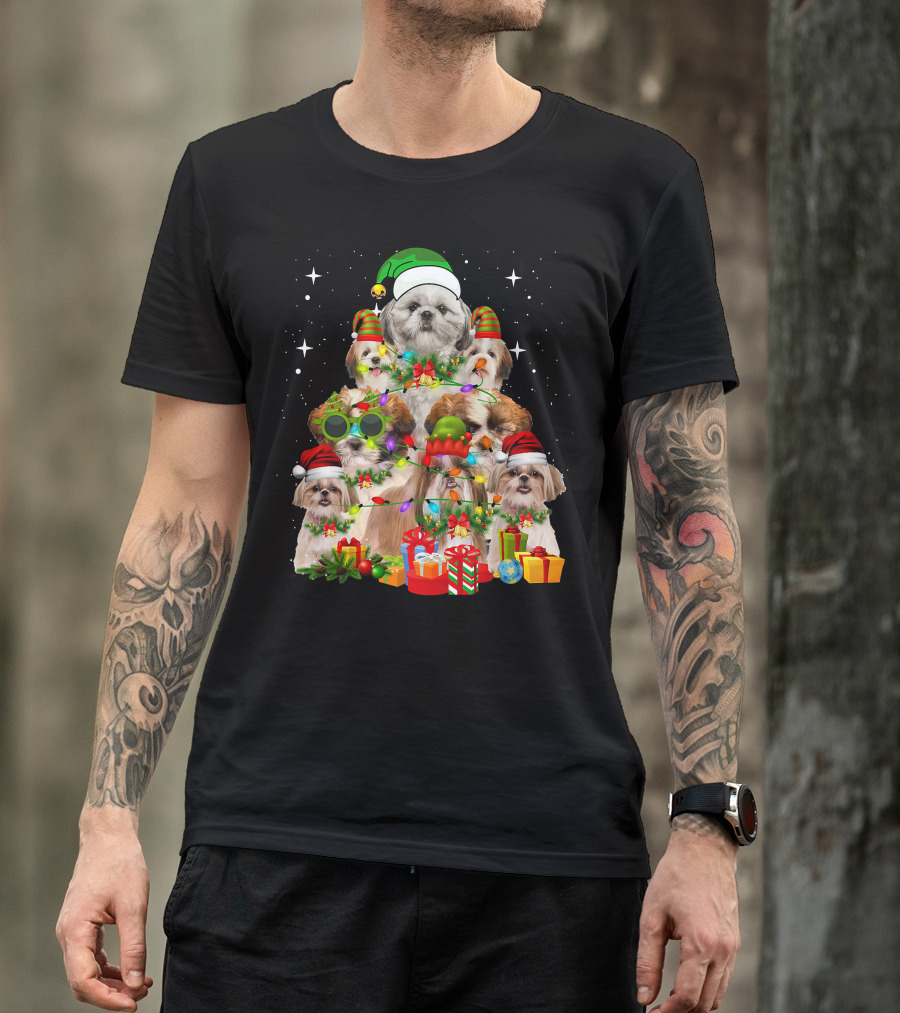 Shih Tzu Dog Christmas Tree With Presents And Santa Hats T-Shirt