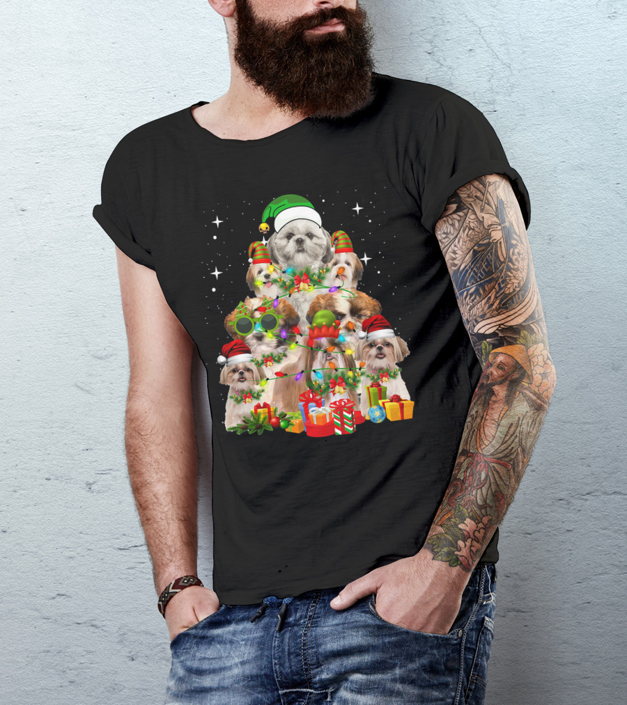 Shih Tzu Dog Christmas Tree With Presents And Santa Hats T-Shirt