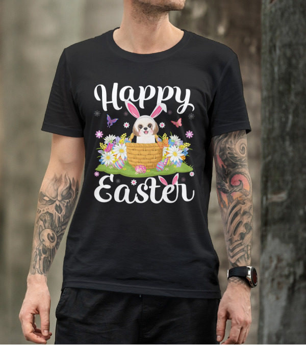 Shih Tzu Dog With Bunny Ears In Easter Egg Basket With Flowers And Butterflies T-Shirt