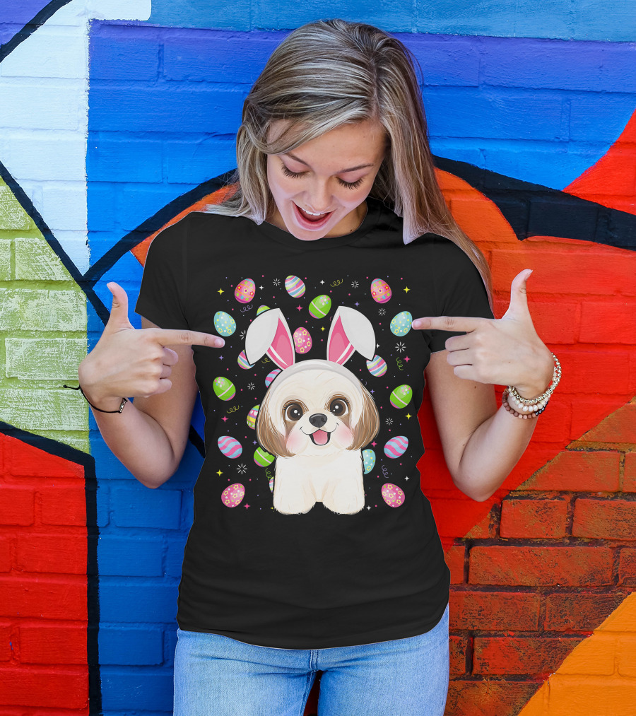 Shih Tzu Dog With Easter Eggs And Bunny Ears Funny Easter Lover Image T-Shirt