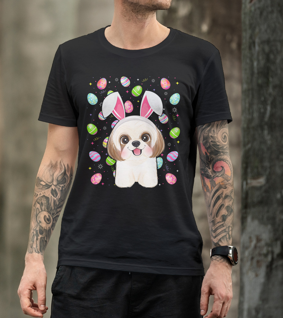 Shih Tzu Dog With Easter Eggs And Bunny Ears Funny Easter Lover Image T-Shirt