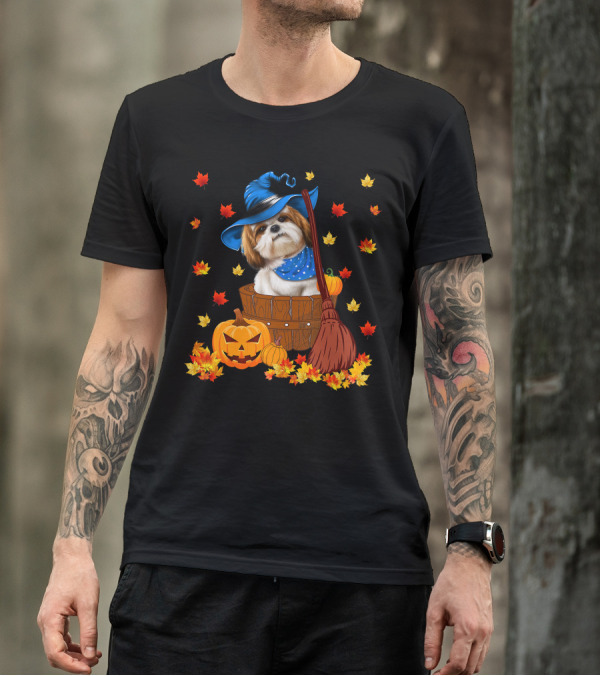 Shih Tzu Dog In Witch Hat Surrounded By Pumpkins And Leaves For Halloween T-Shirt