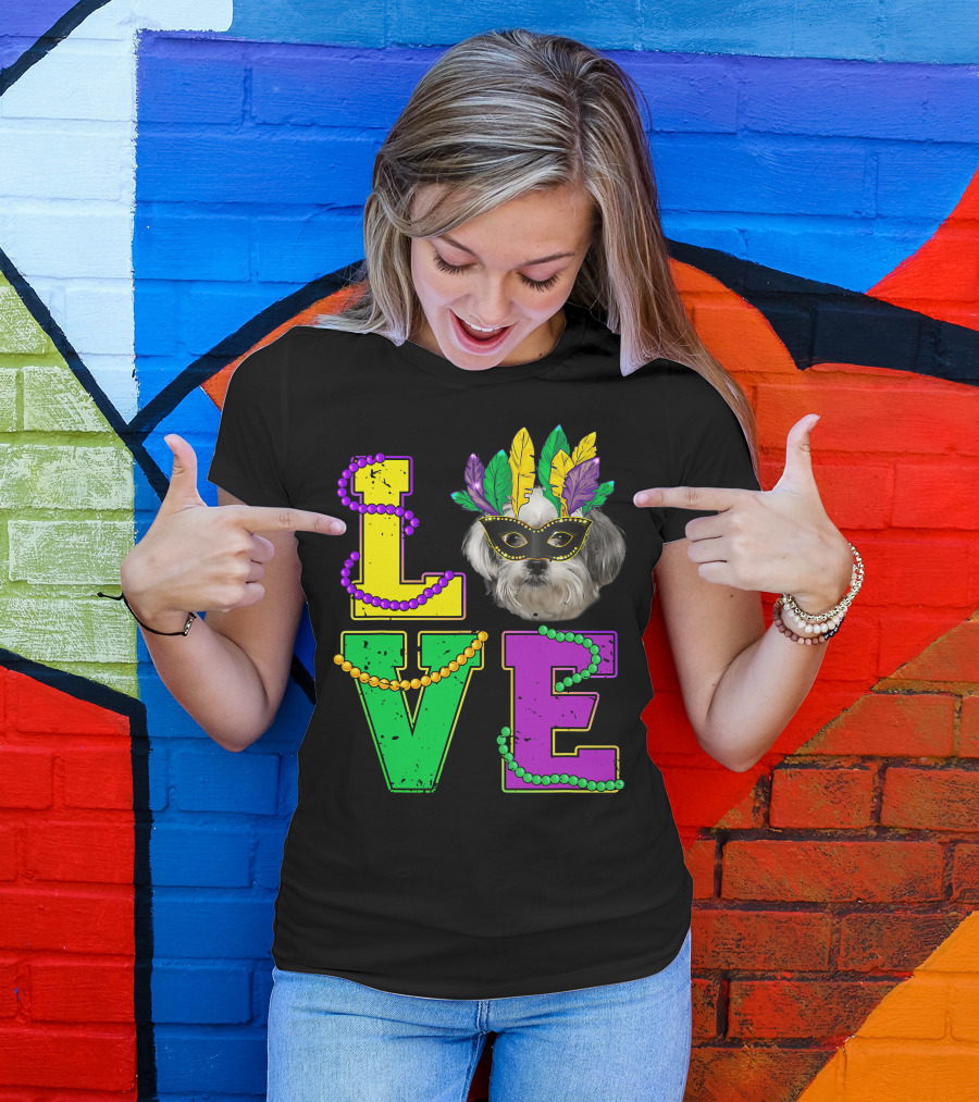 Shih Tzu Puppy Love Mardi Gras Beads Mask T-Shirt