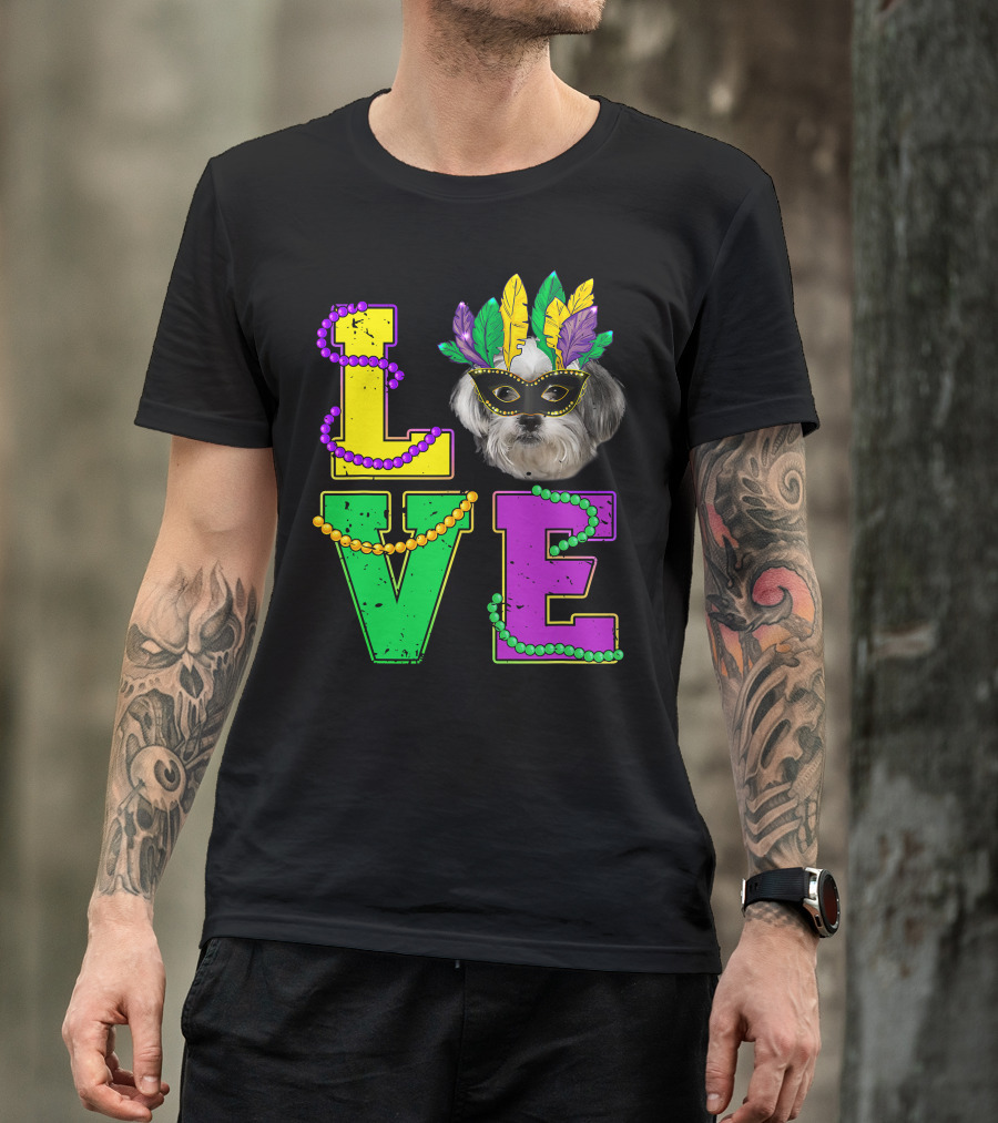 Shih Tzu Puppy Love Mardi Gras Beads Mask T-Shirt
