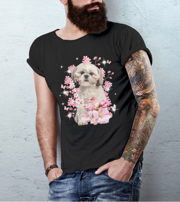 Shih Tzu Dog Sakura Japanese Cherry Blossom T-Shirt