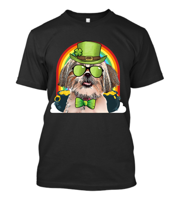 Shih Tzu Dog Leprechaun Rainbow Coins Bow Tie Sunglasses T-Shirt