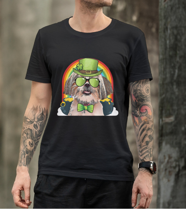 Shih Tzu Dog Leprechaun Rainbow Coins Bow Tie Sunglasses T-Shirt