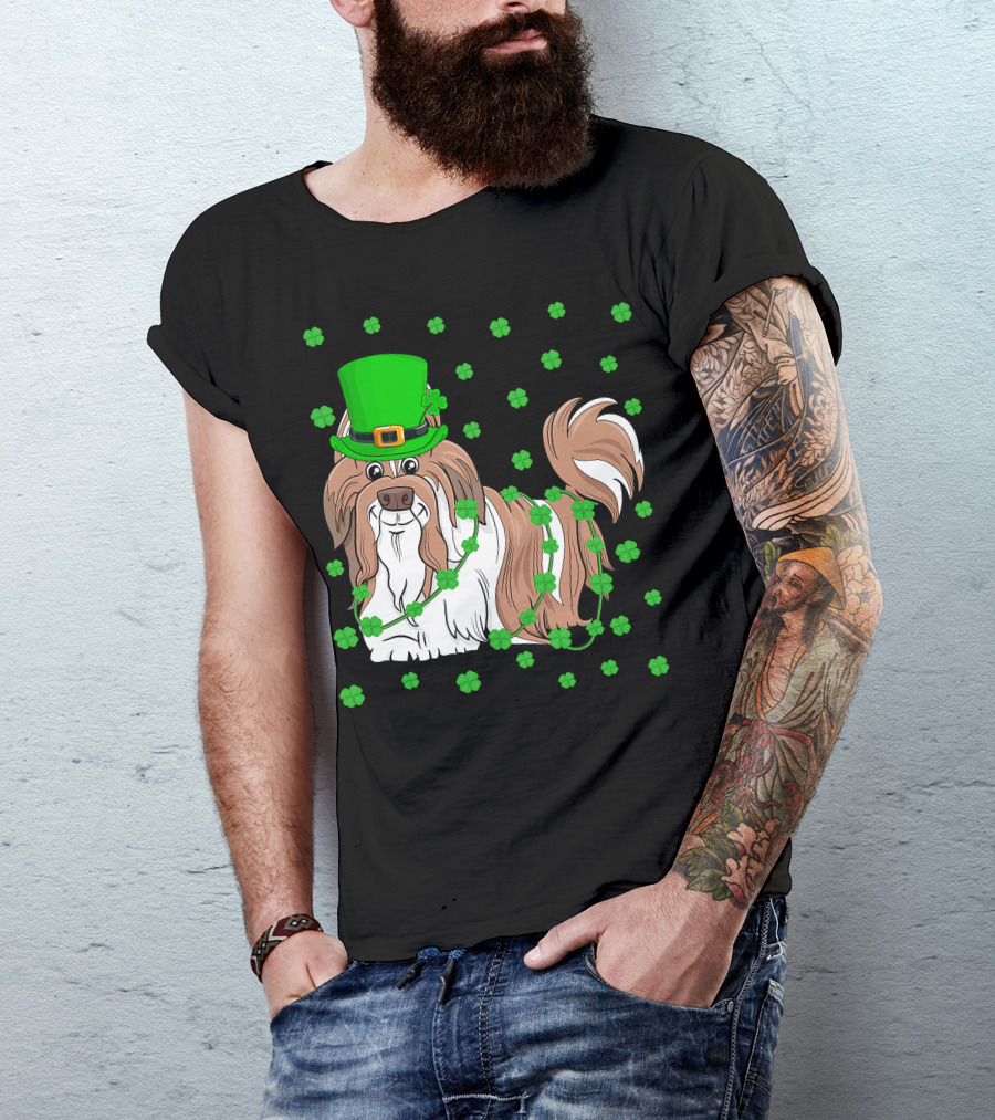Shih Tzu Dog Lover St. Patrick's Day Leprechaun Hat And Clover T-Shirt
