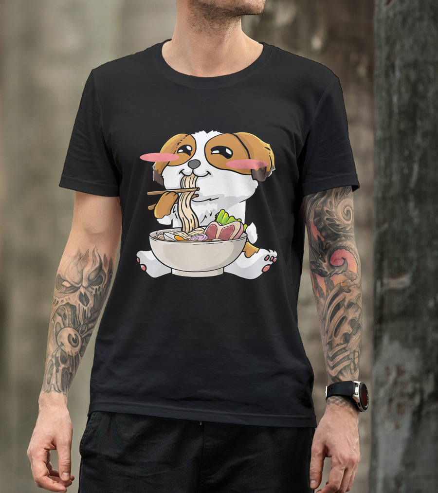 Shih Tzu Dog Enjoying Ramen Noodles With Kawaii Cute Blush Cheeks T-Shirt
