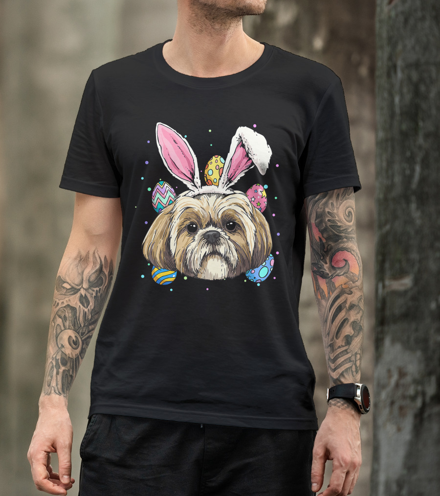Shih Tzu Easter Bunny Dog Pet Owner Breeder Animal With Colorful Eggs T-Shirt