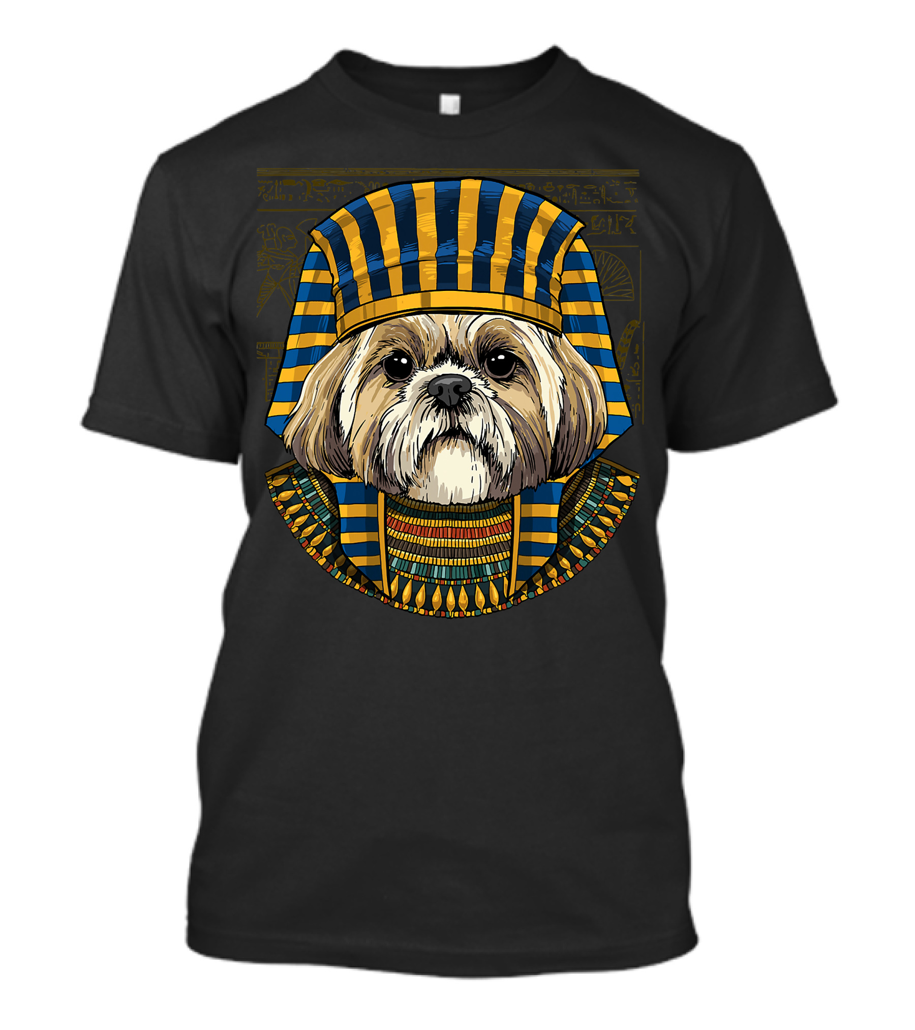 Shih Tzu Dressed As Egyptian Pharaoh With Hieroglyphics Background T-Shirt