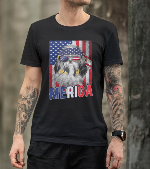 Shih Tzu Merica USA American Flag Patriotic Boys 4 Glasses Headband Stars Stripes T-Shirt