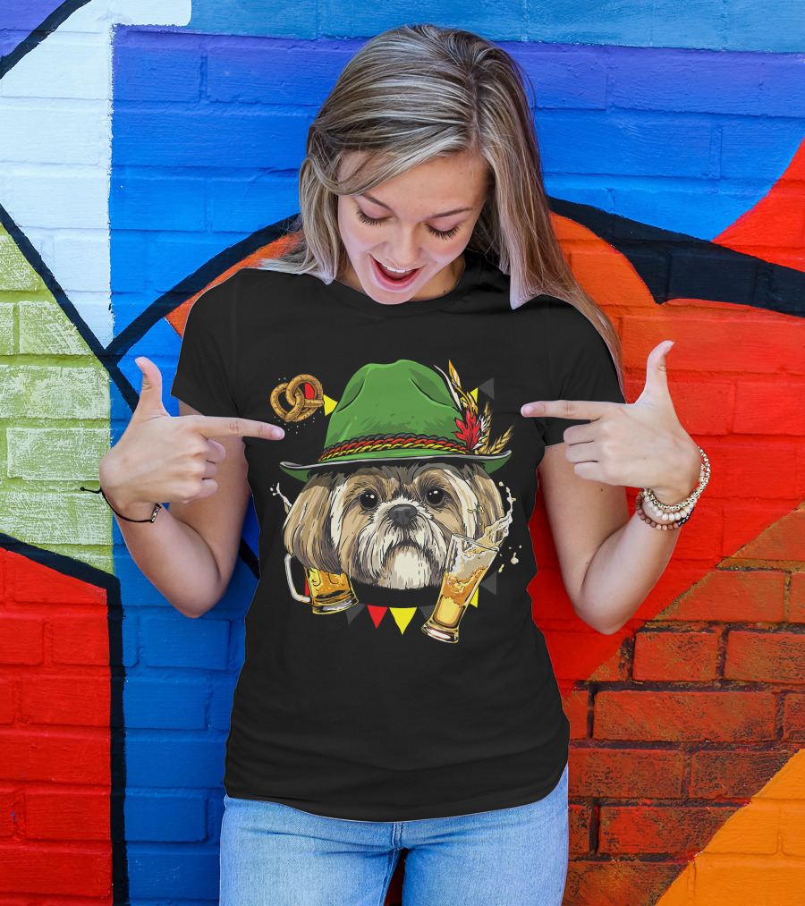 Shih Tzu Oktoberfest Dog With Lederhosen Hat And Beer German Pretzel T-Shirt