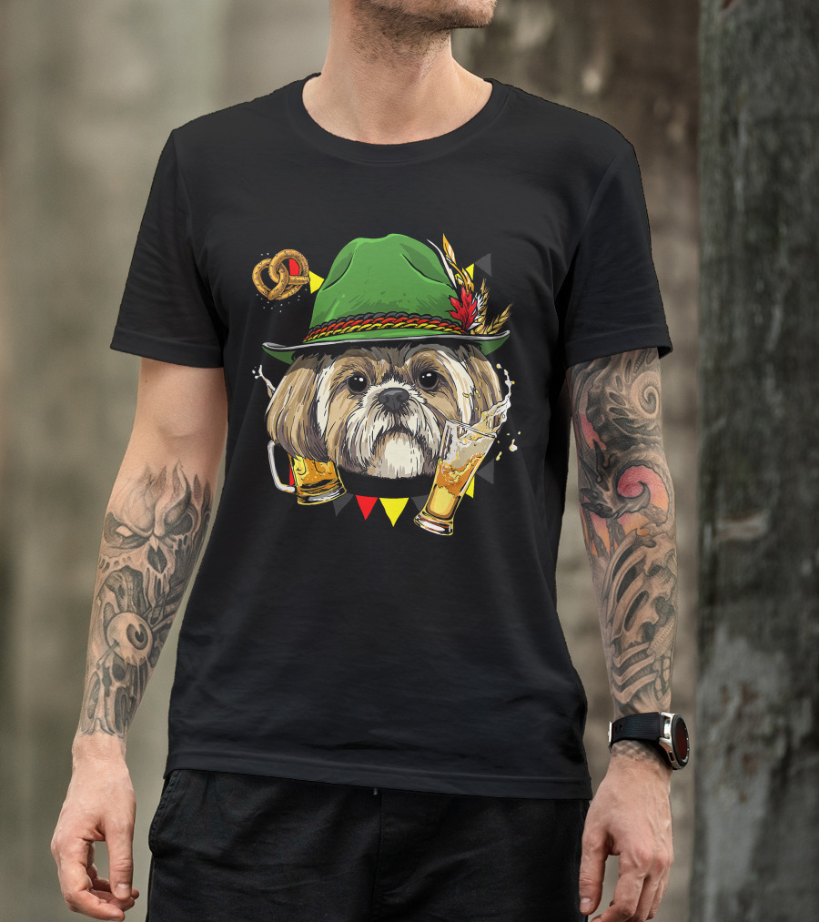 Shih Tzu Oktoberfest Dog With Lederhosen Hat And Beer German Pretzel T-Shirt