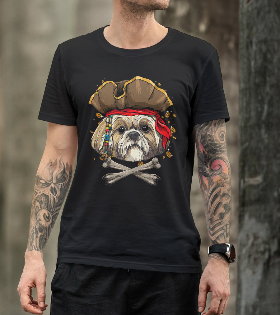 Shih Tzu Pirate Dog Jolly Roger Halloween With Skull And Crossbones T-Shirt
