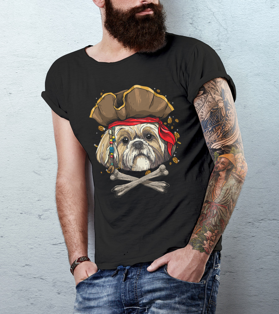 Shih Tzu Pirate Dog Jolly Roger Halloween With Skull And Crossbones T-Shirt