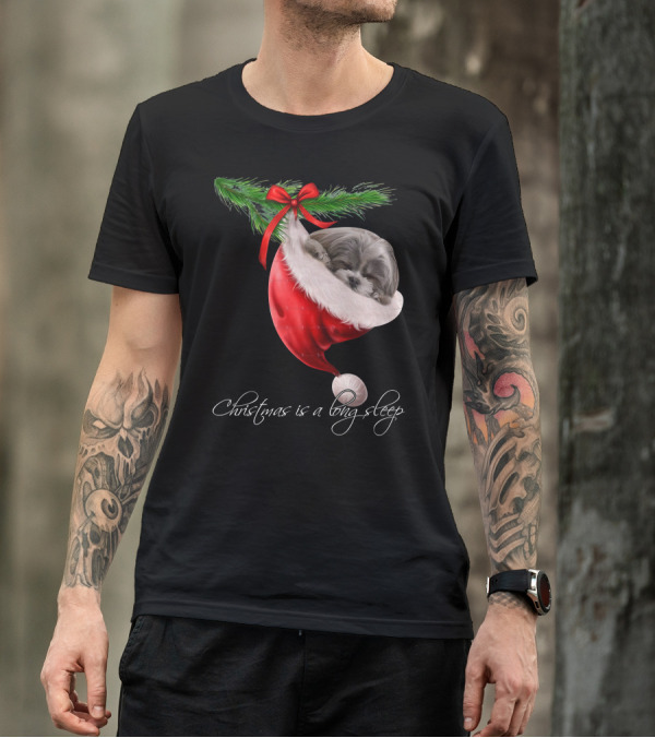 Shih Tzu Sleeping In Santa's Hat Christmas Is A Snuggly Dream T-Shirt