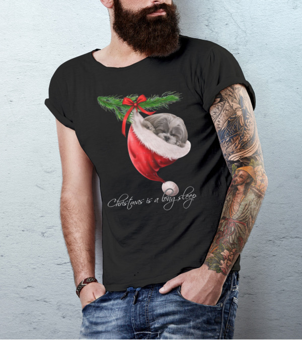 Shih Tzu Sleeping In Santa's Hat Christmas Is A Snuggly Dream T-Shirt