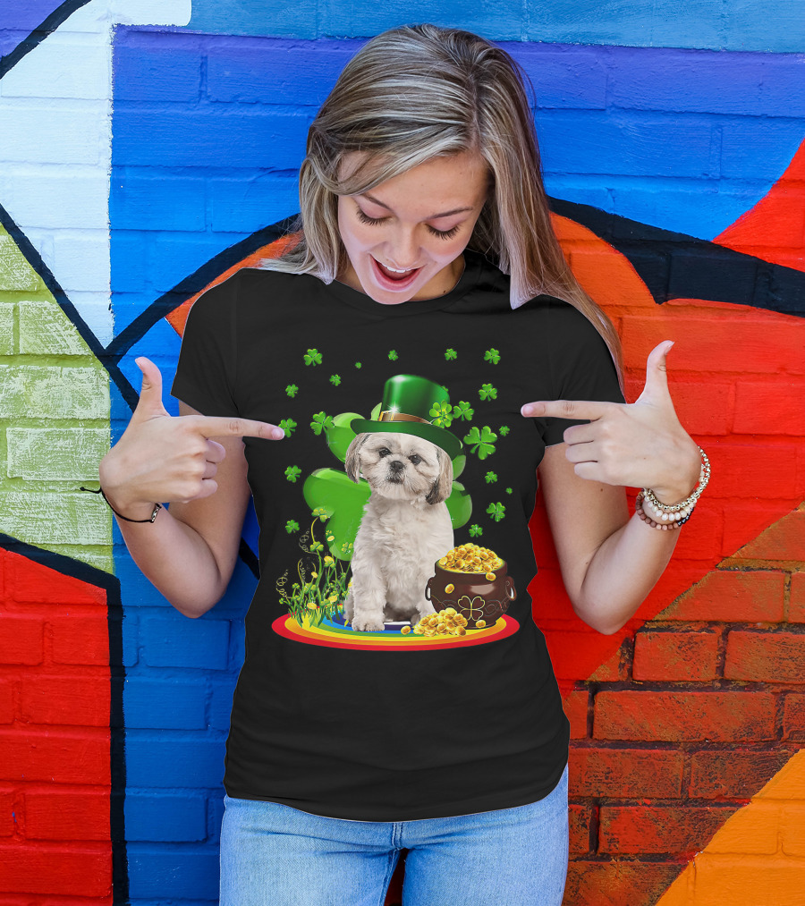Shih Tzu Irish Shamrock St Patricks Day Lover With Pot Of Gold T-Shirt