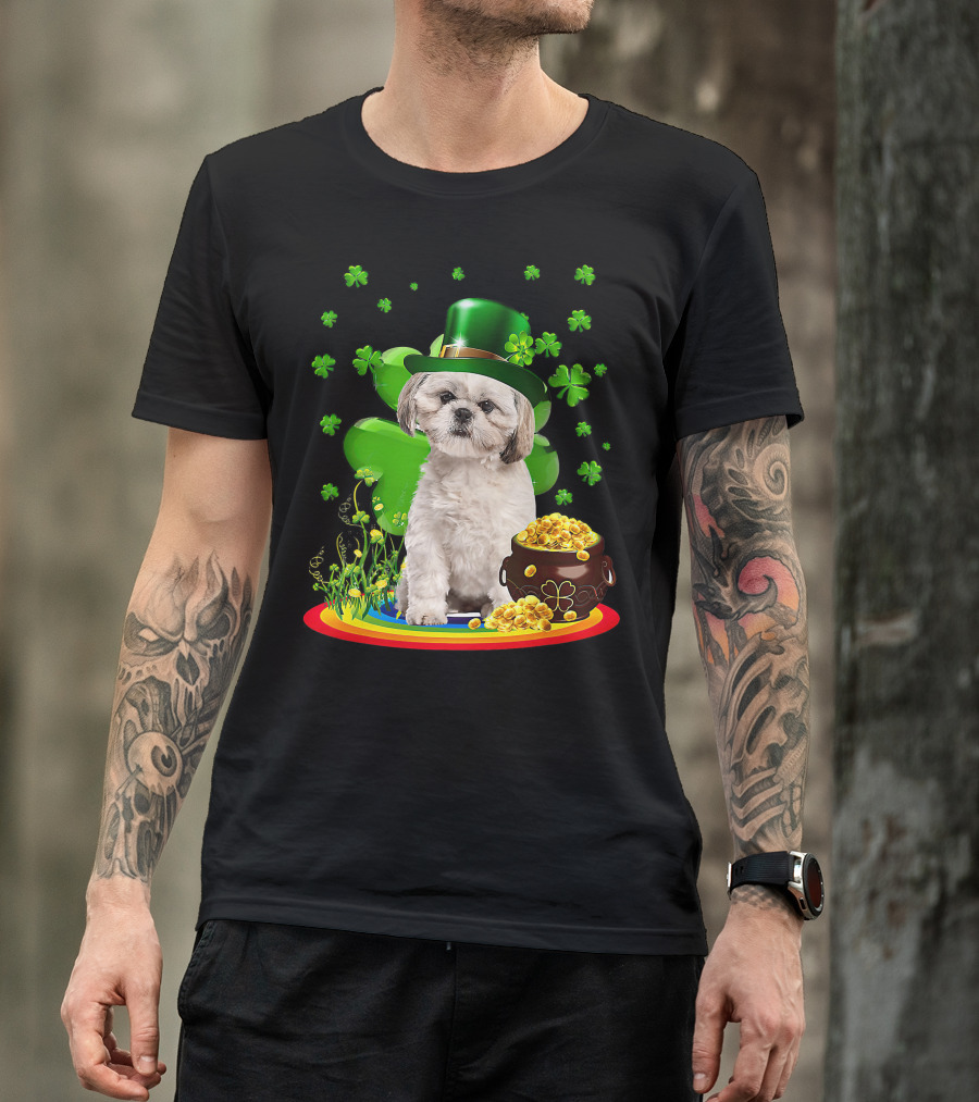 Shih Tzu Irish Shamrock St Patricks Day Lover With Pot Of Gold T-Shirt