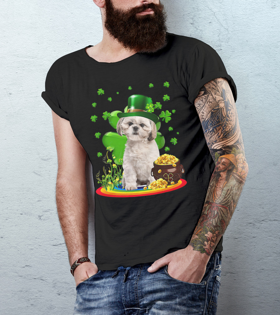 Shih Tzu Irish Shamrock St Patricks Day Lover With Pot Of Gold T-Shirt