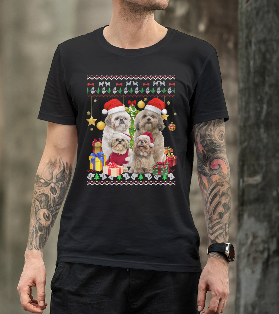Shih Tzu Santa Hat Christmas Sweater Puppies And Presents T-Shirt