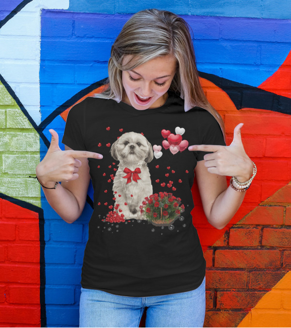 Shih Tzu Valentines Day Funny Dog Lover Happy Vale Roses Hearts Balloons T-Shirt