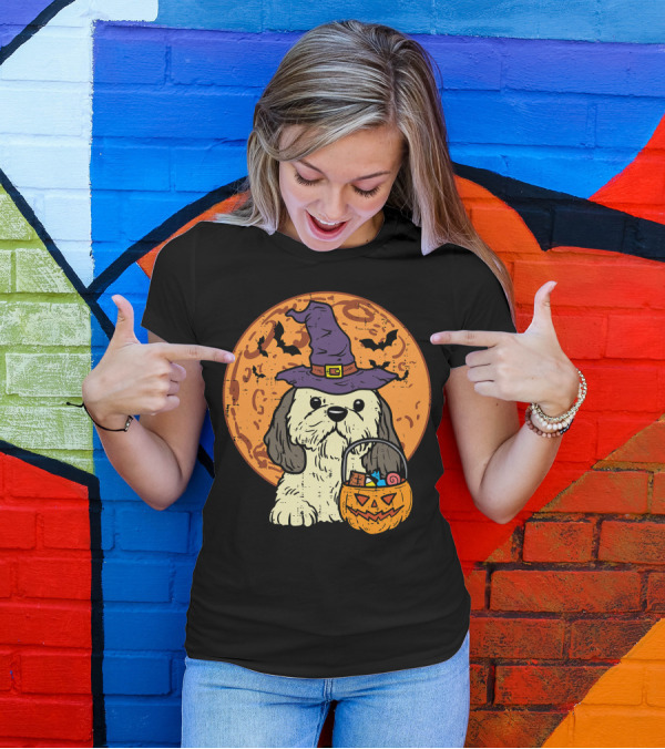 Shih Tzu Witch Hat Moon Jack O Lantern Halloween Dog T-Shirt