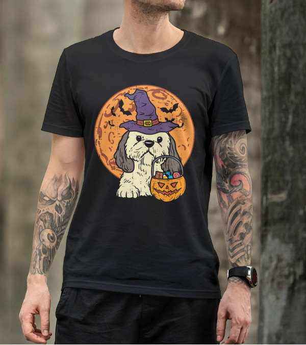 Shih Tzu Witch Hat Moon Jack O Lantern Halloween Dog T-Shirt