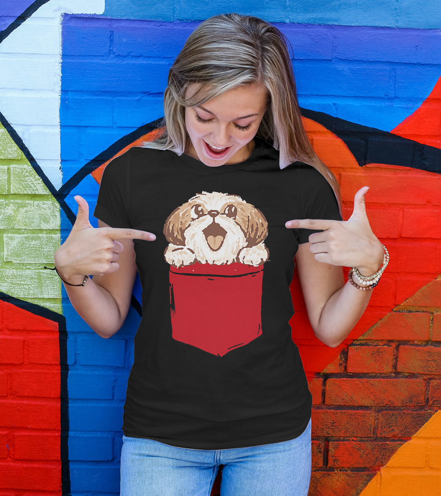 Shih-Tzu Puppy Dog Peeking Out Of Red Pocket T-Shirt
