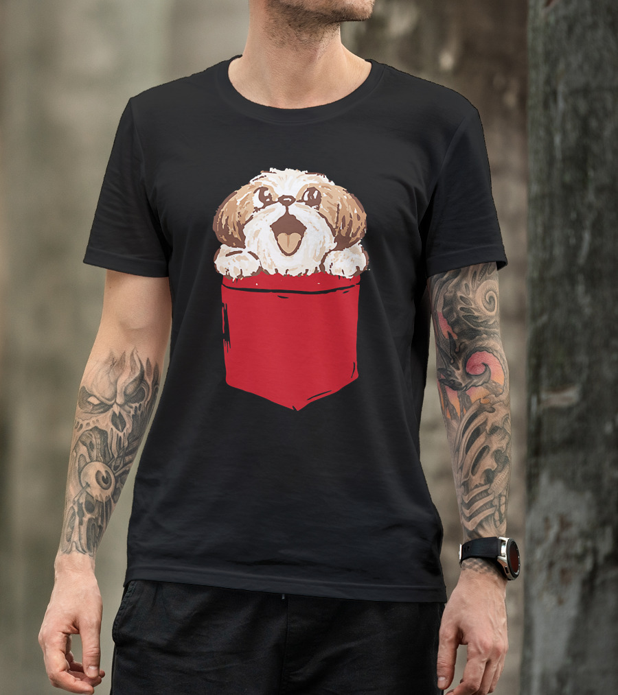Shih-Tzu Puppy Dog Peeking Out Of Red Pocket T-Shirt