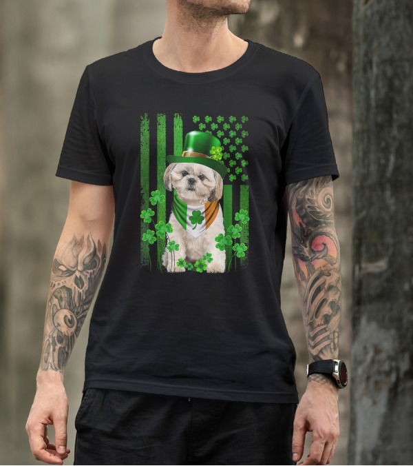St Patrick's Day Shamrock Hat Shih Tzu With Irish Flag Scarf T-Shirt
