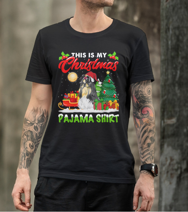 Christmas Pajama Shih Tzu Dog With Santa Hat And Presents T-Shirt