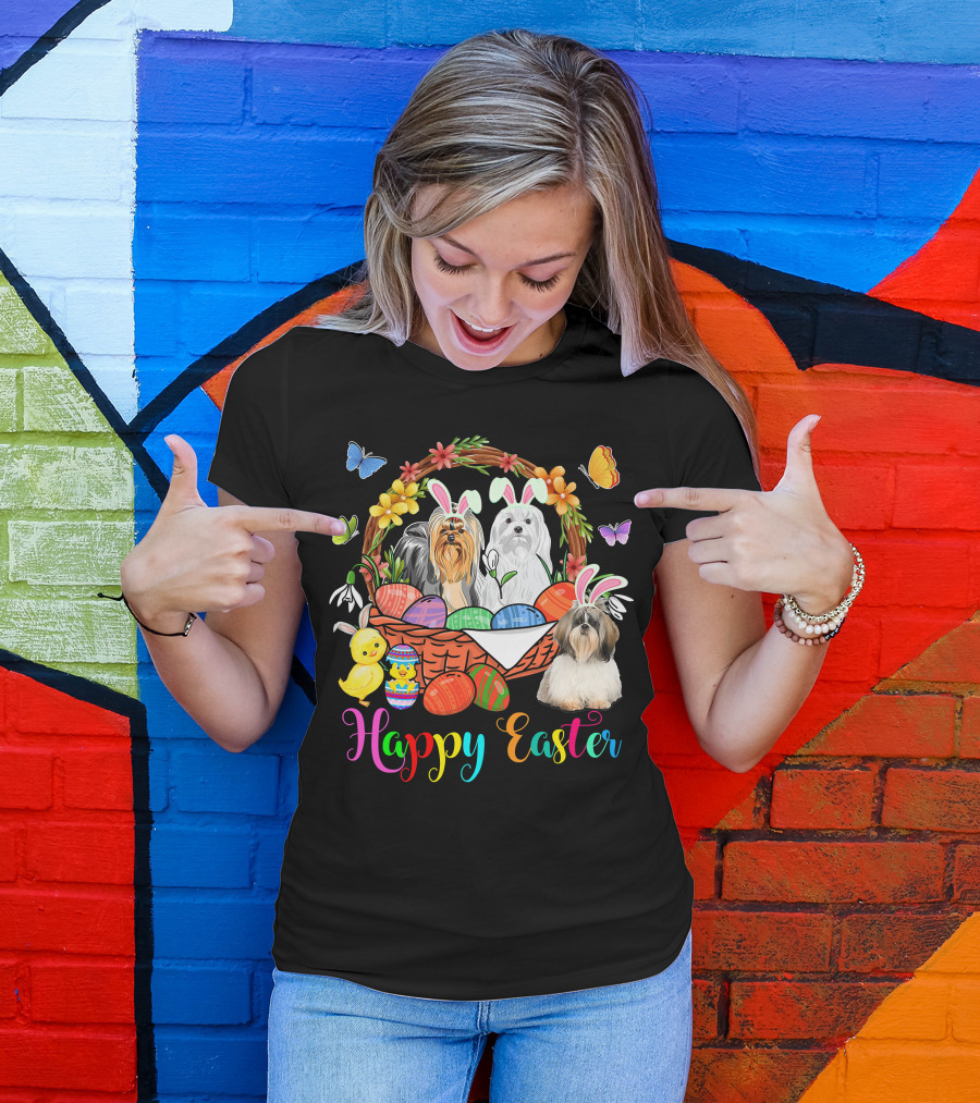 Happy Easter Three Bunny Shih Tzu Dogs In Easter Eggs Basket With Butterflies And Flowers T-Shirt