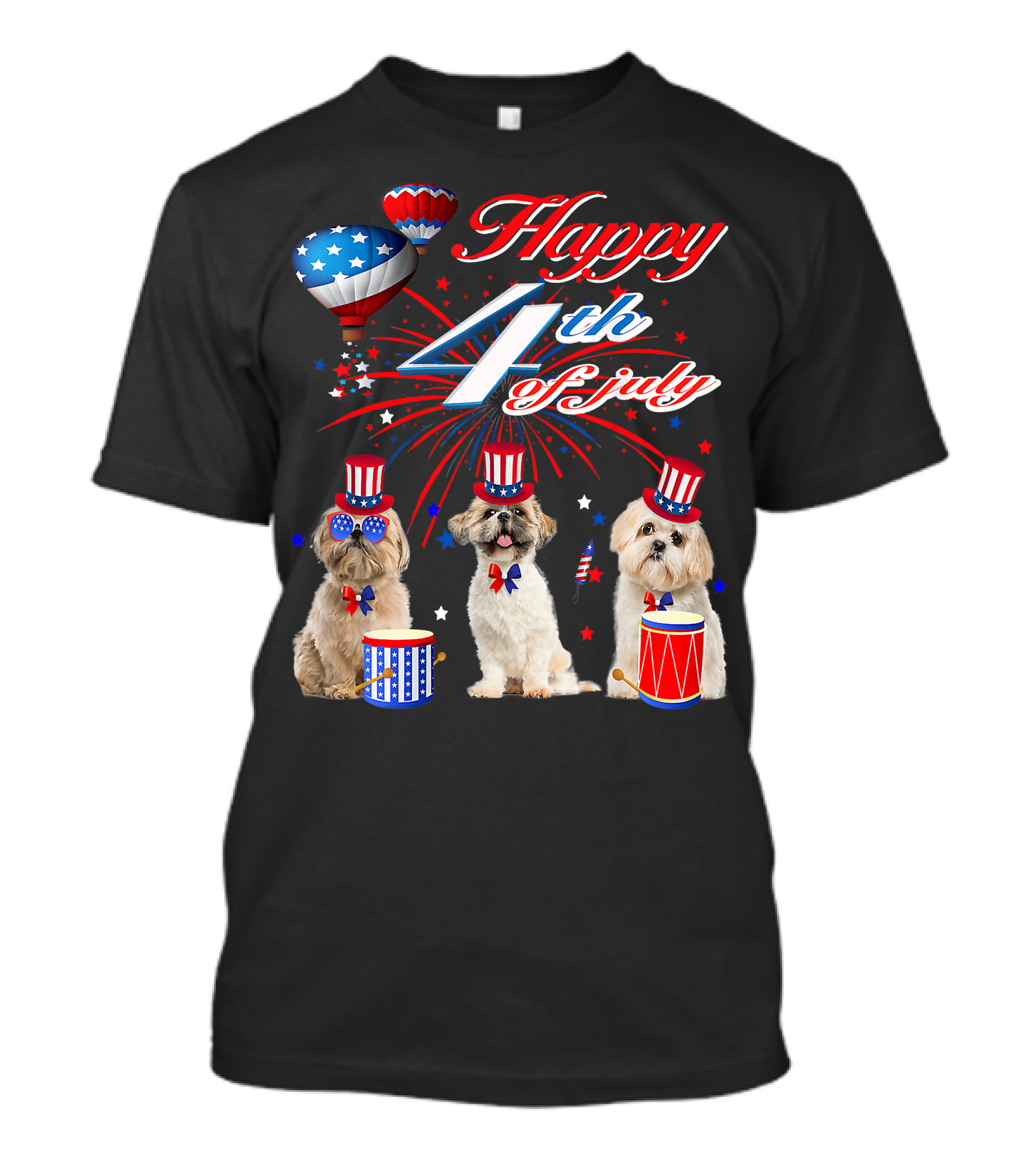 Happy 4th Of July Three Shih Tzu With American Flag Drums And Hats T-Shirt