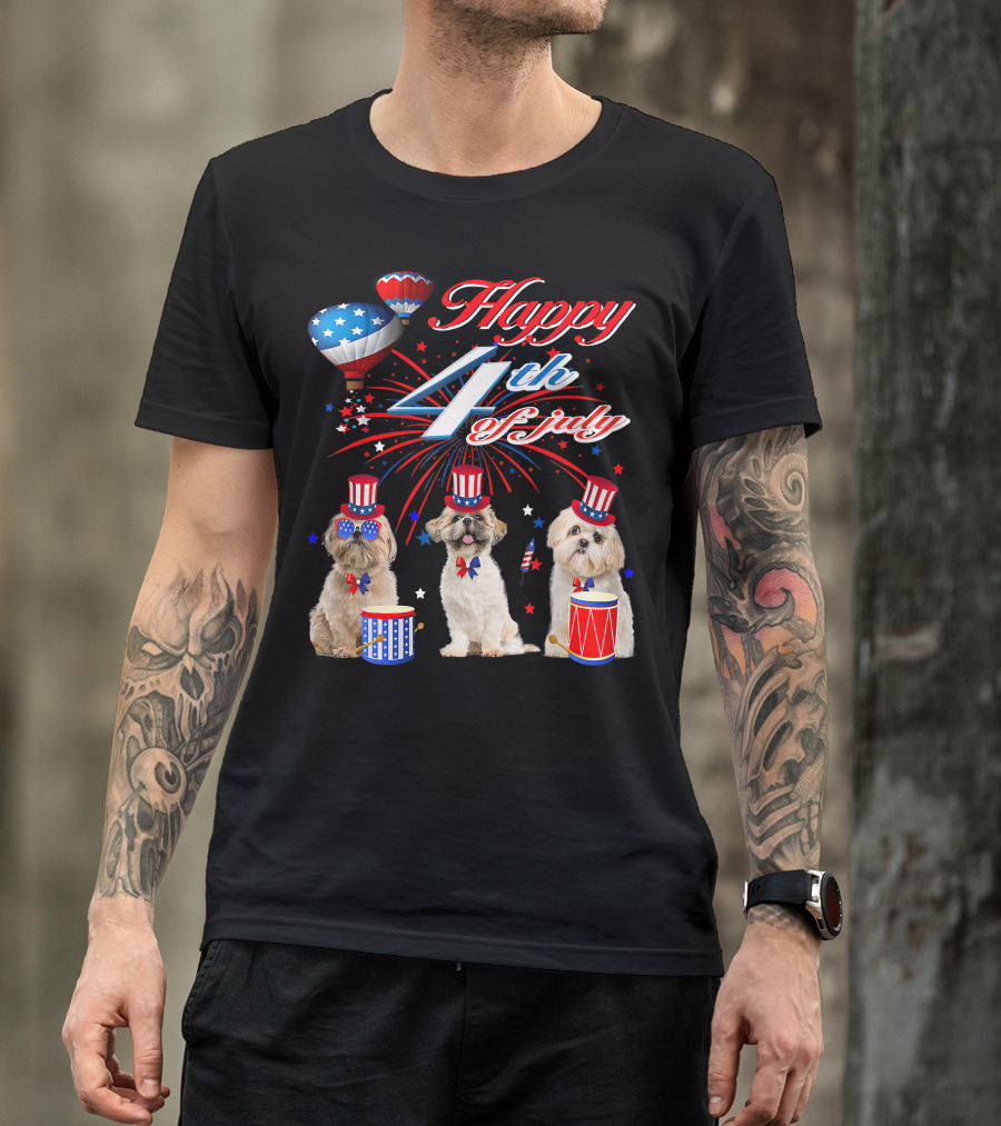 Happy 4th Of July Three Shih Tzu With American Flag Drums And Hats T-Shirt
