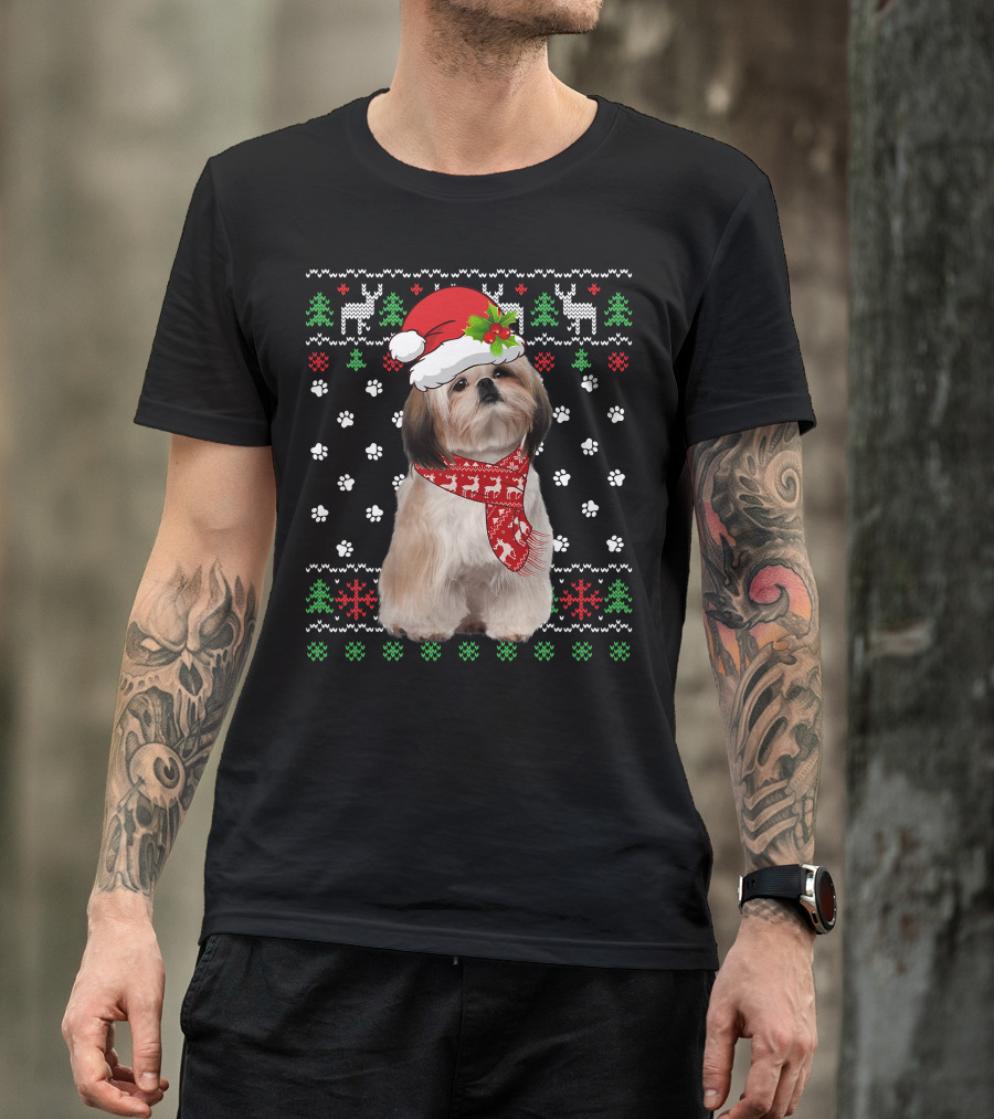 Christmas Shih Tzu Dog Puppy Ugly Sweater Santa Hat Reindeer Scarf T-Shirt