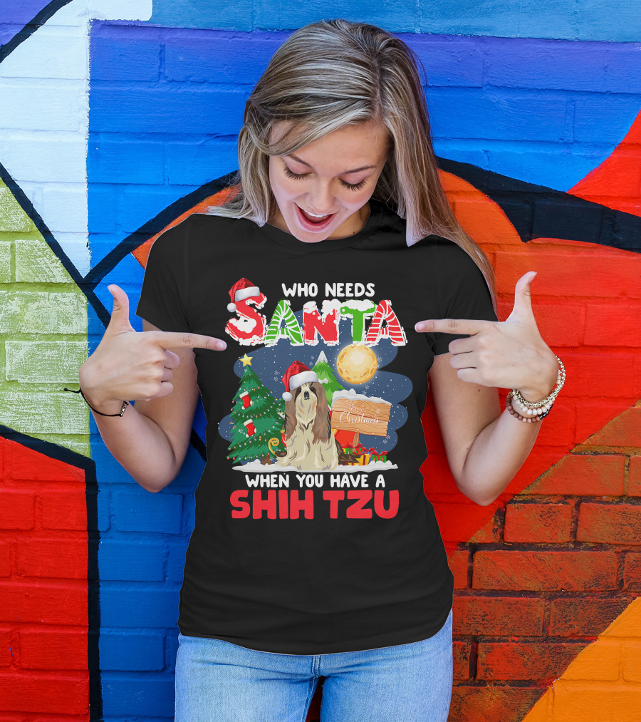 Santa Shih Tzu Merry Christmas Tree Moon Holiday T-Shirt