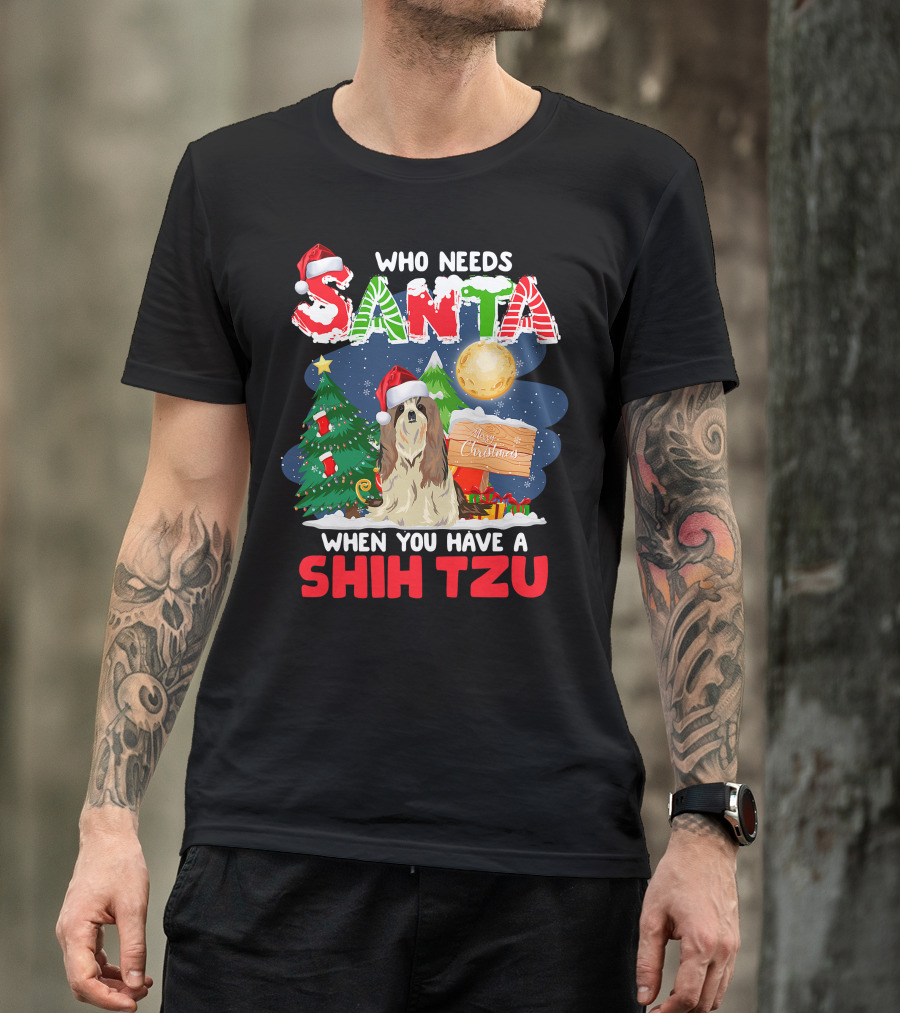 Santa Shih Tzu Merry Christmas Tree Moon Holiday T-Shirt