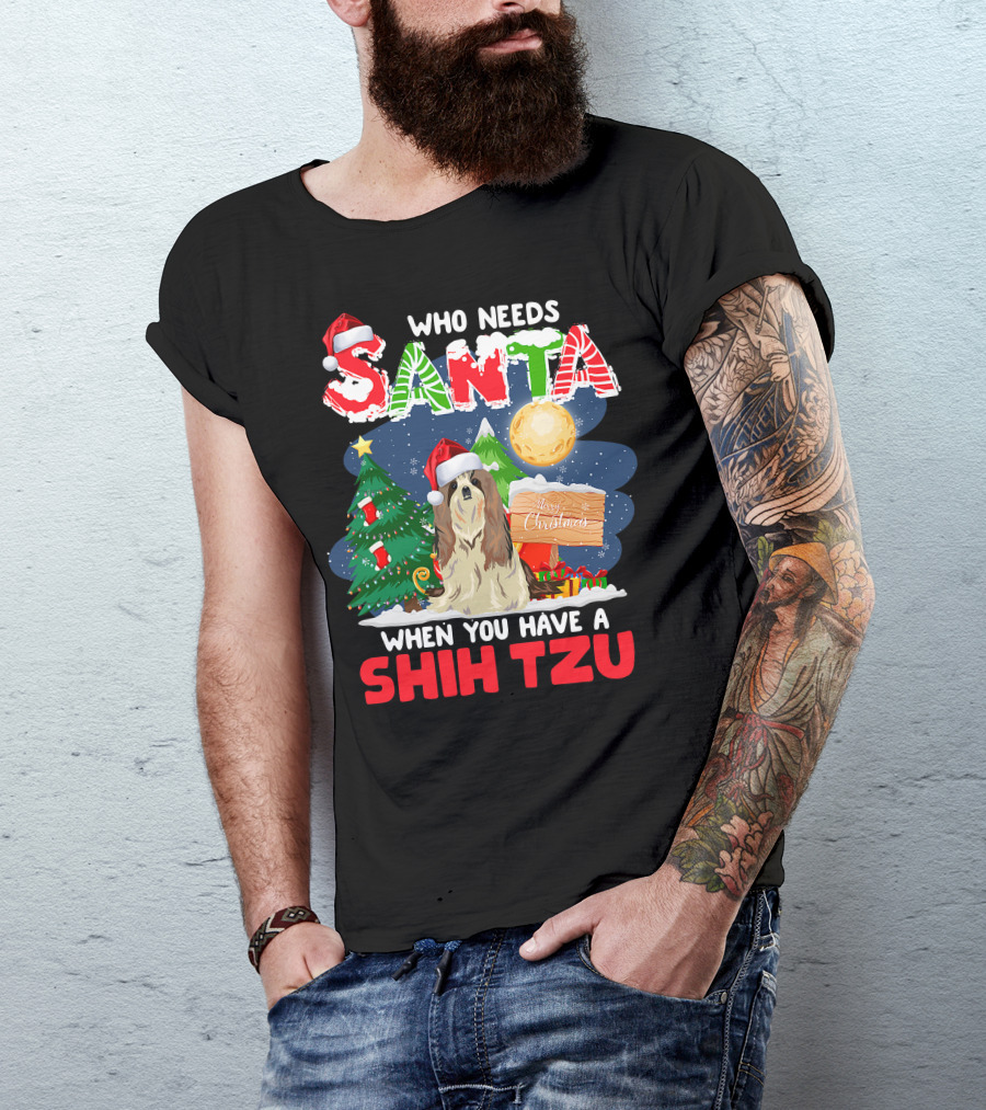 Santa Shih Tzu Merry Christmas Tree Moon Holiday T-Shirt
