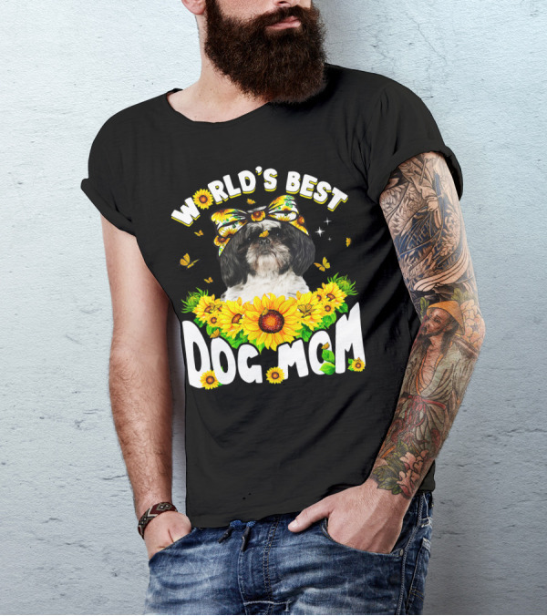 World's Best Shih Tzu Dog Mom Sunflowers And Butterflies T-Shirt