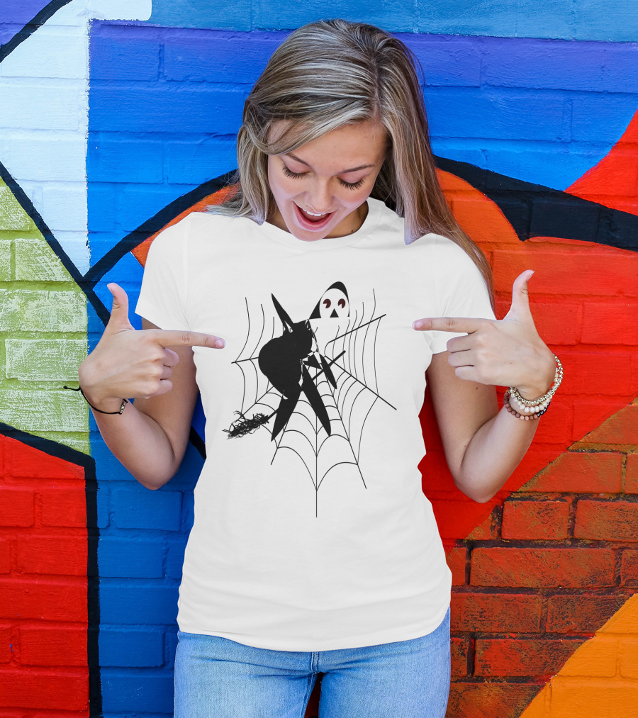 THE WITCH'S HOUSE SPIDERWEB LOGO BLACK CAT AND BROOMSTICK SILHOUETTE HALLOWEEN T-Shirt